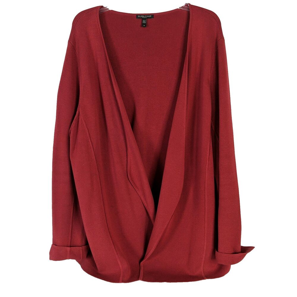 Eileen Fisher Red Open Front Knit Cardigan Sweater Women Plus 2X Silk Cotton